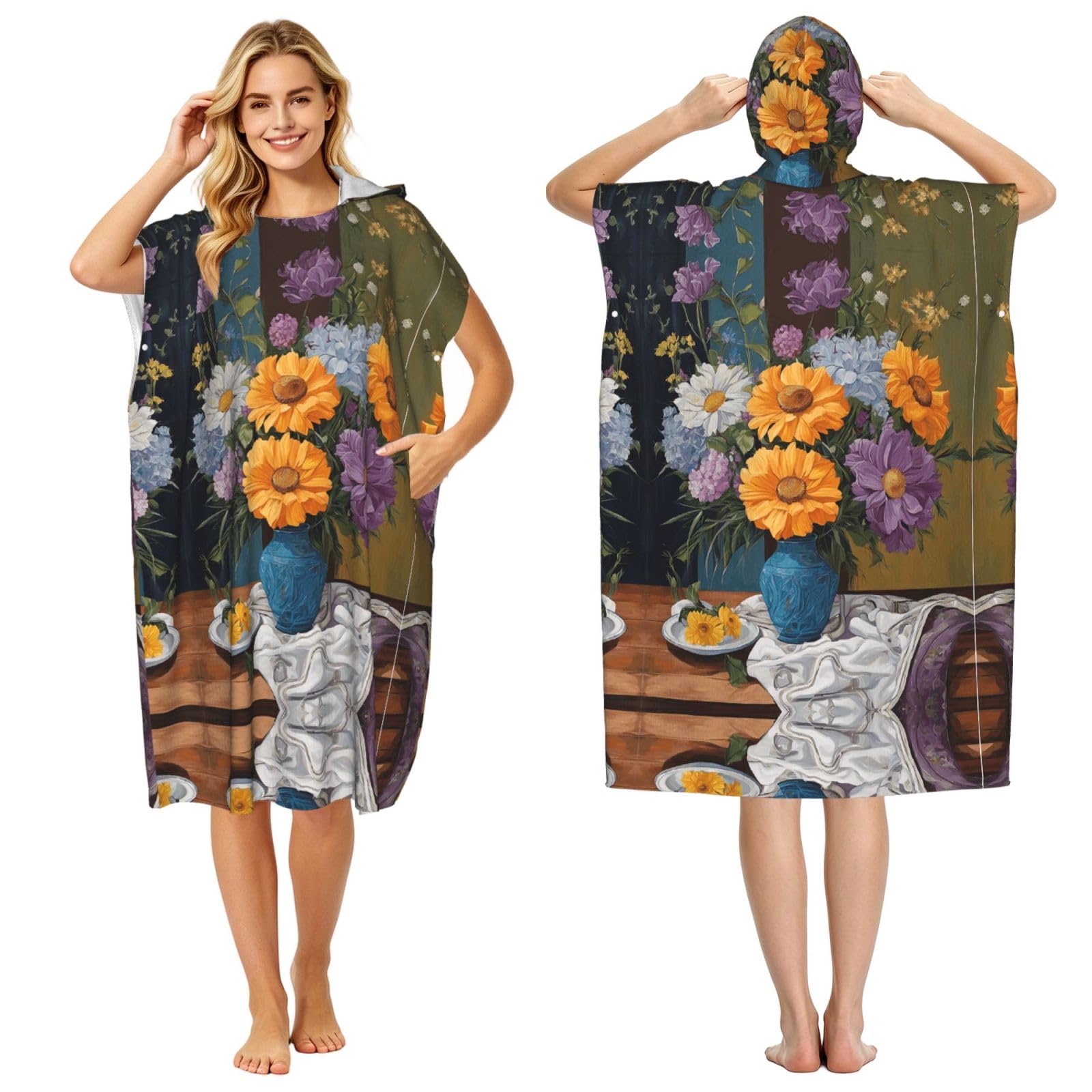 Poncho de surf microfibre adulte imprimé floral avec capuche pour natation et plage