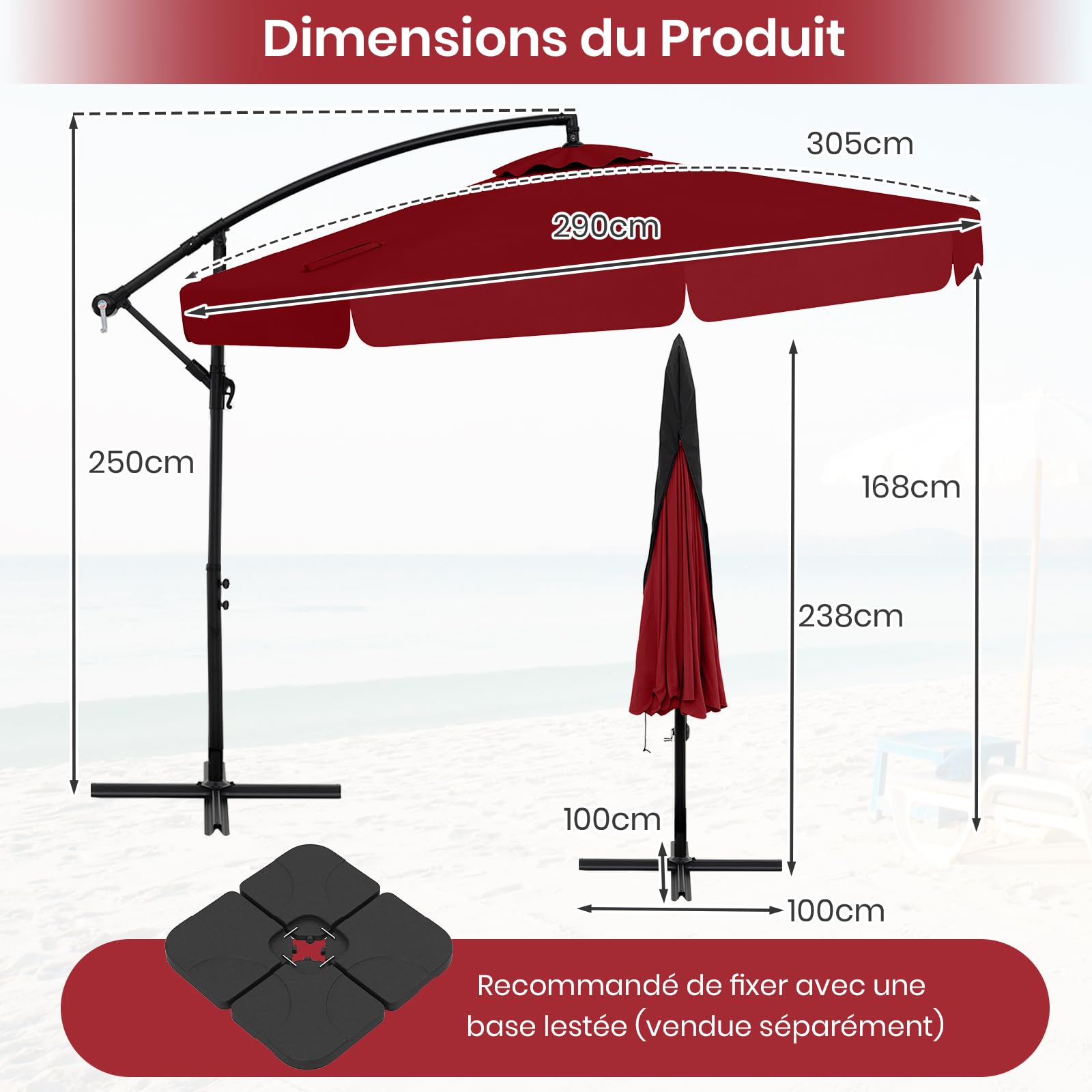 RELAX4LIFE Parasol Déporté Octogonal 305x250cm Rouge avec Housse