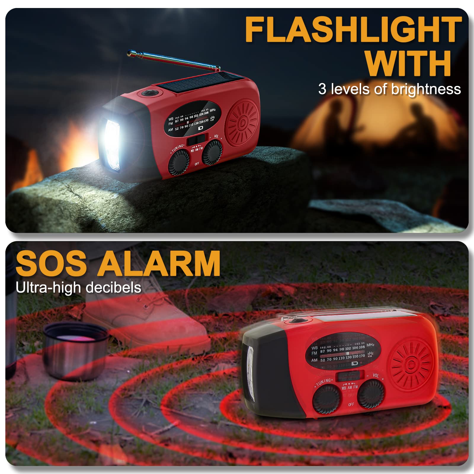 Przenośne radio solarne Radio awaryjne pogodowe 2000 mAh Korba radia z radiem AM/FM/NOAA Dynamo IPX3 Ładowanie telefonu z latarką LED Alarm SOS Kabel USB do turystyki pieszej kemping