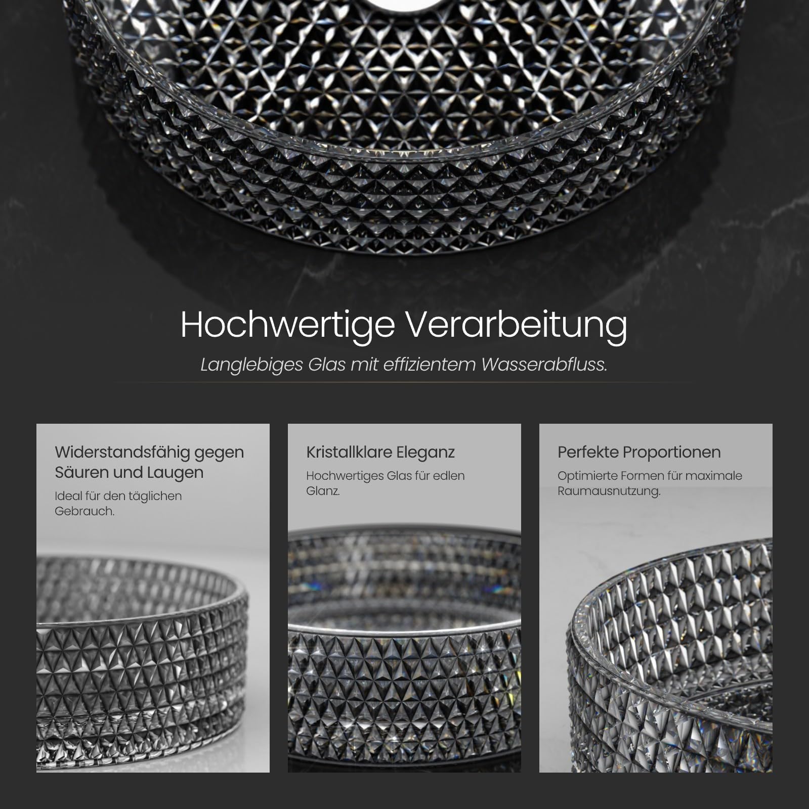 EMKE Glaswaschbecken Rund, 360 x 360 x 112mm Waschbecken, gehärtetem Bleikristallglas Aufsatzwaschbecken, Waschbecken Bad ohne Hahnloch, Waschschale, Handwaschbecken für Bad, Transparent Schwarz