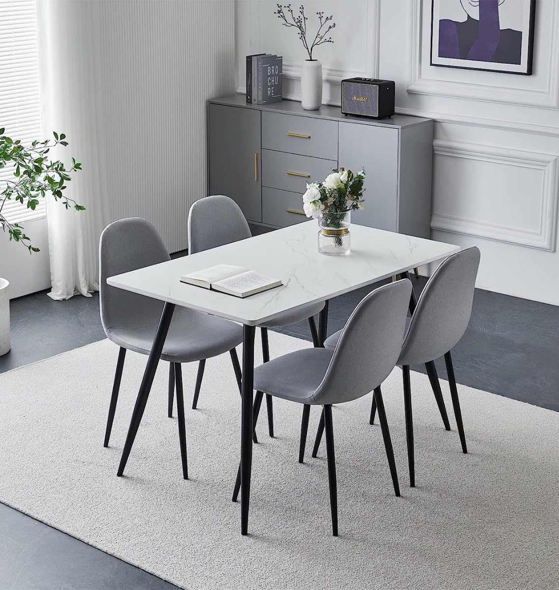 Hallowood Furniture Cullompton Small Dining Table and Chairs Set 4, White Marble Effect Top Kitchen Table and Chairs in Grey Fabric Upholstery and Metal Legs, Dining Room Sets for Home, Office & Café