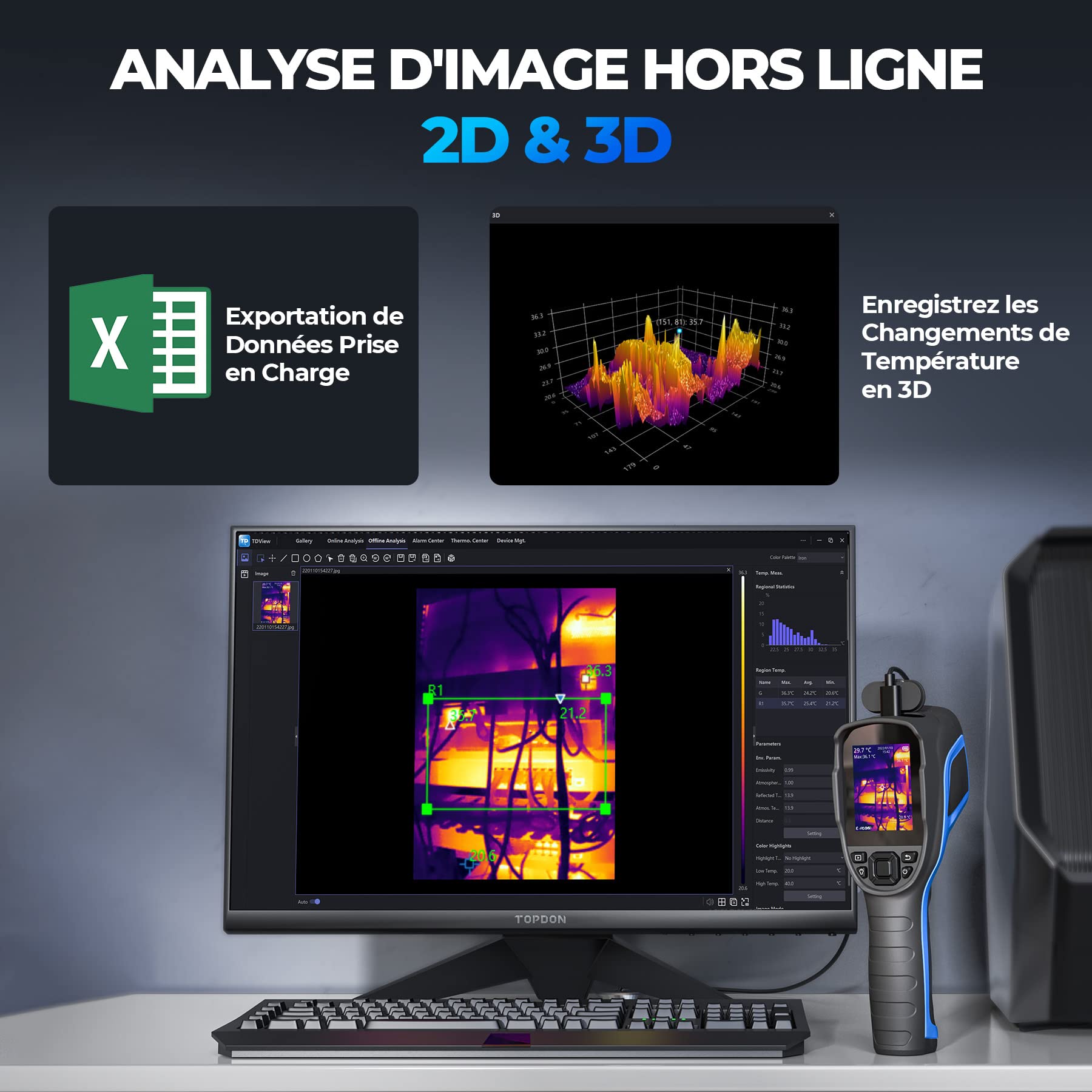 TOPDON TC004 Caméra Thermique Infrarouge, 320x240 TISR Résolution Imageur Thermique, 12 Heures d'Autonomie Camera Infrarouge avec 16G Mémoire, Analyse PC, Enregistrement Vidéo, -20℃ à 350℃