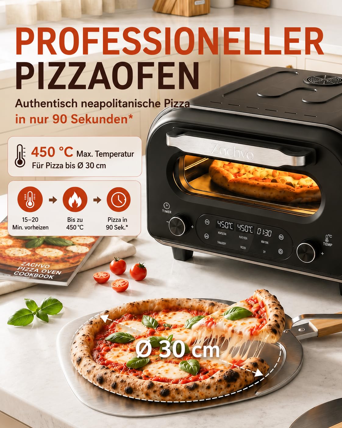 Elektrischer Pizzaofen - bis 450℃, 5 voreingestellte Pizzaarten, 1-60 Min Timer, Touchscreen & Drehregler, Edelstahlgehäuse, für 32cm Pizza, inkl. Pizzastein, Pizzaschieber, Rezeptbuch, Schwarz,HF1201