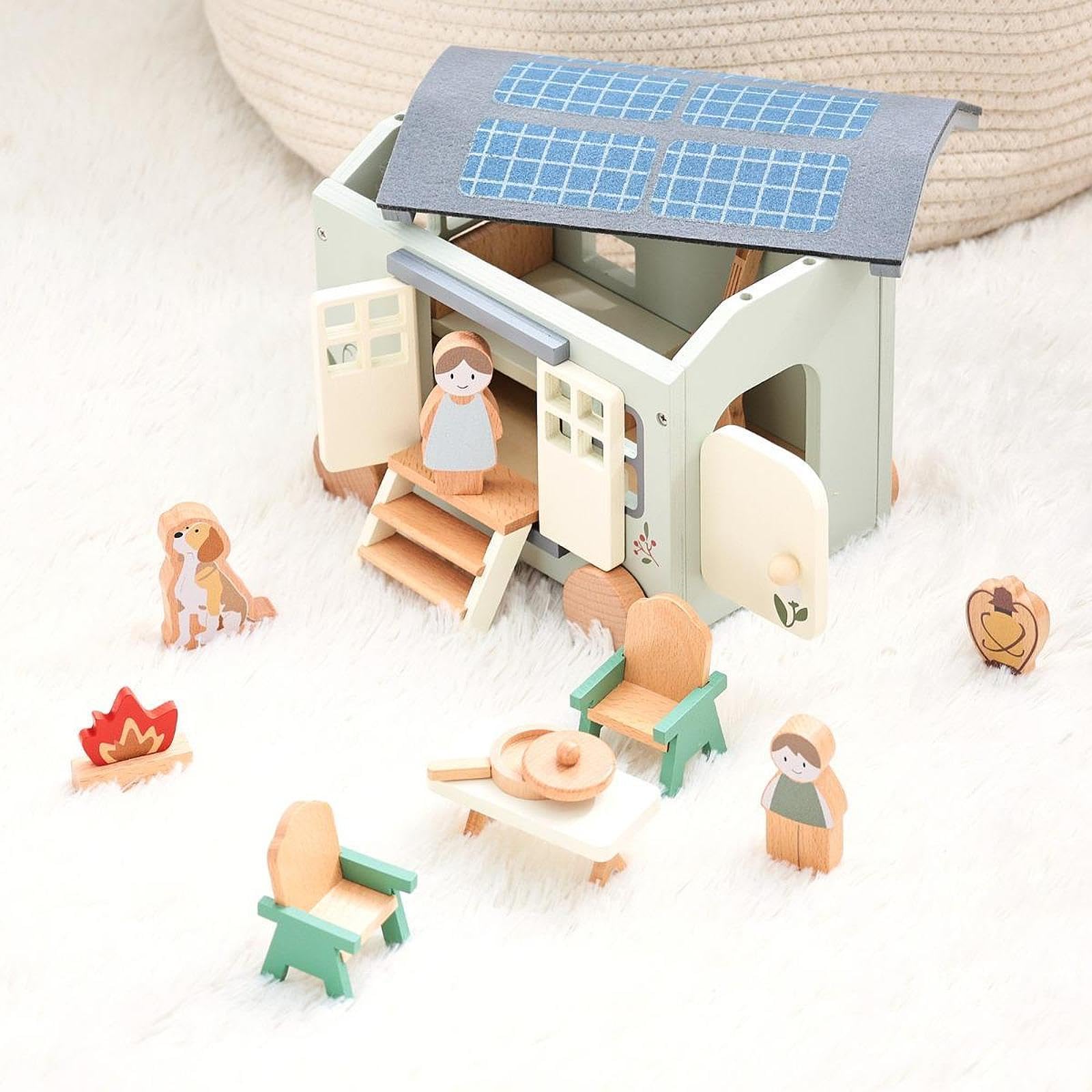 harayaa Holz Camping Set, Holztisch Und Stühle, Holz Camping Van, Rollenspiel, Puppenhaus, Pädagogisches Spielzeug für Kinder