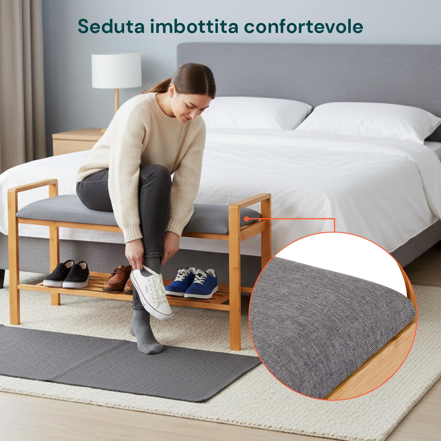 Avilia Panca Scarpiera da Ingresso in Bambù Panca Contenitore con Seduta Imbottita Grigia, Scarpiera Salvaspazio Slim Ripiano a Doghe, Portascarpe Moderno per Camera, Corridoio e Bagno
