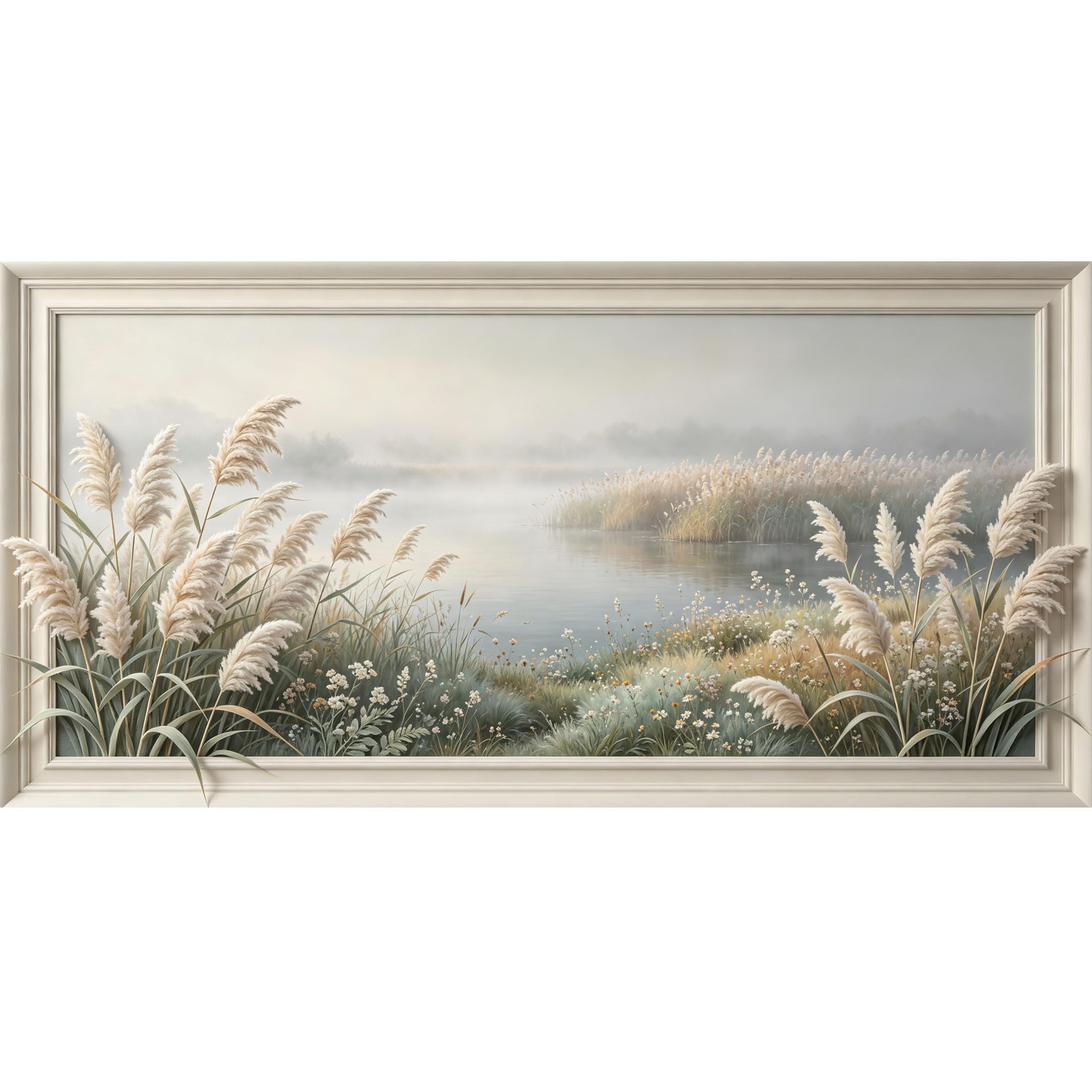 Agglomerix 3D Framed Wall Art Lake Mist Reeds Wildflower Botanical Nature Landscape Large Size SelfAdhesive Removable Wall Decor Prints Artwork for Living Room Bedroom Office