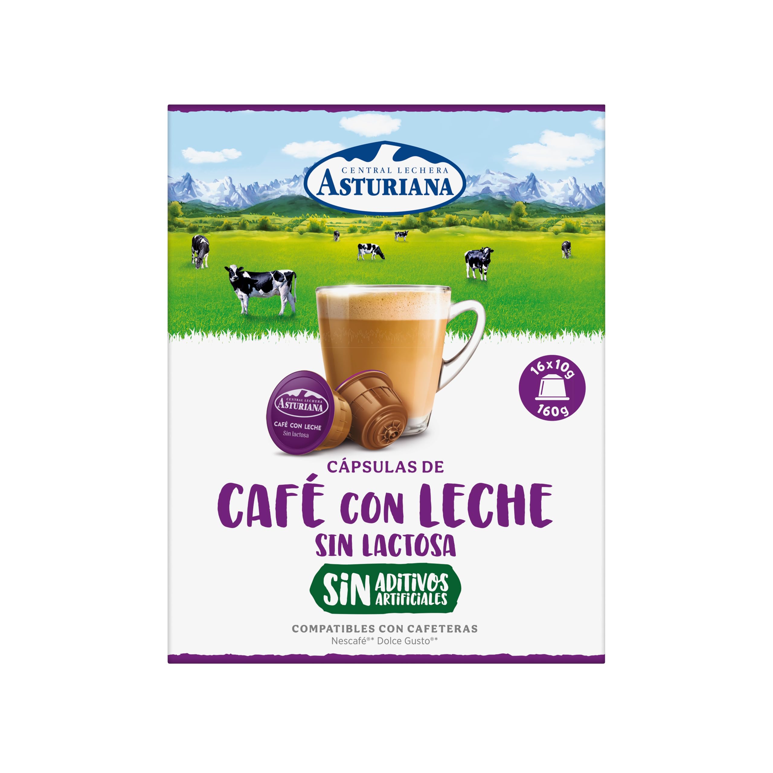 Central Lechera Asturiana Cápsulas de Café con Leche Desnatada Sin Lactosa, 4 x 16 cápsulas