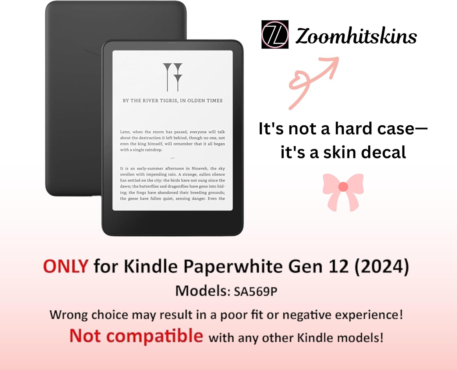 ZOOMHITSKINS eReader Skin Compatible with Kindle Paperwhite Gen 12 (2024), Striped Gingham Vintage White Beige Design, Bubble-Free 3M Vinyl Skin Decal, Made in The USA