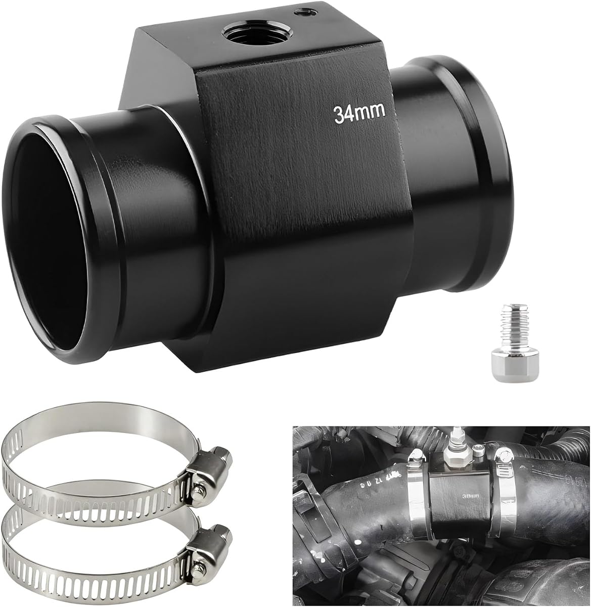 Auto Water Temp Joint Pipe, 34mm Aluminum Alloy Water Temperature Gauge Joint Pipe Adapter with Clamps, Rustproof Temp Meter Radiator Sensor Connector for Car Truck SUV
