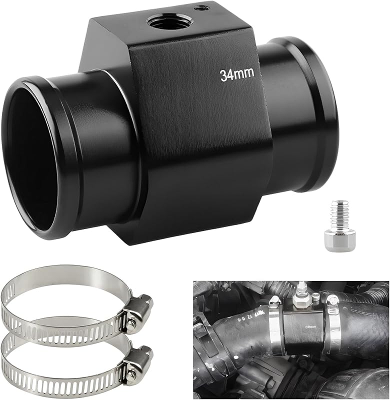 Auto Water Temp Joint Pipe, 34mm Aluminum Alloy Water Temperature Gauge Joint Pipe Adapter with Clamps, Rustproof Temp Meter Radiator Sensor Connector for Car Truck SUV