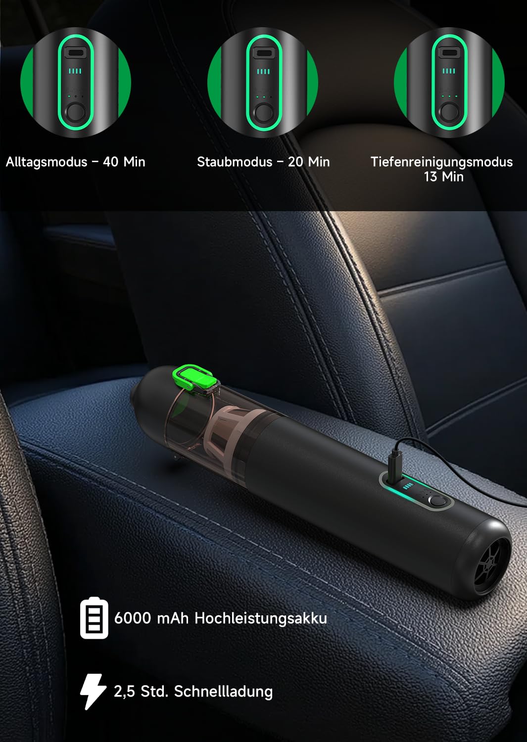 Kabelloser Handstaubsauger, Akku-Autostaubsauger mit hoher Leistung | Kabelloser Staubsauger mit HEPA-Filter, 20000Pa Starke Saugkraft, 4-in-1 Mini Staubsauger für Auto, Tierhaare, Teppich, Sofa