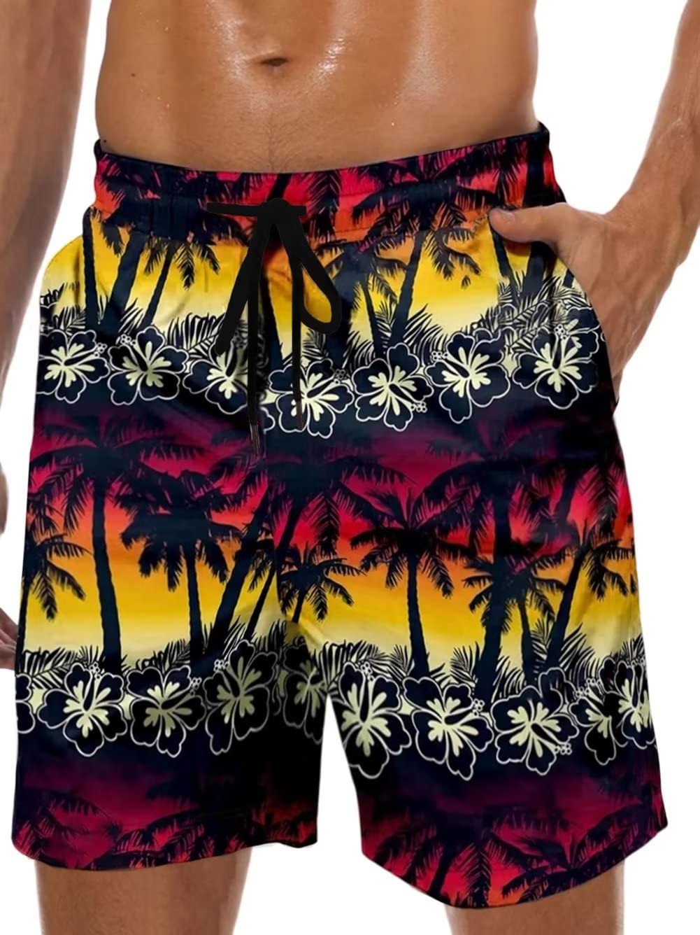 Photo 1 of Lzzidou Men's Swim Trunks 9 Inch Inseam Bathing Suit Hawaiian Swimsuits Mesh Lining Beach Shorts with Pockets Small Black-coconut Grove