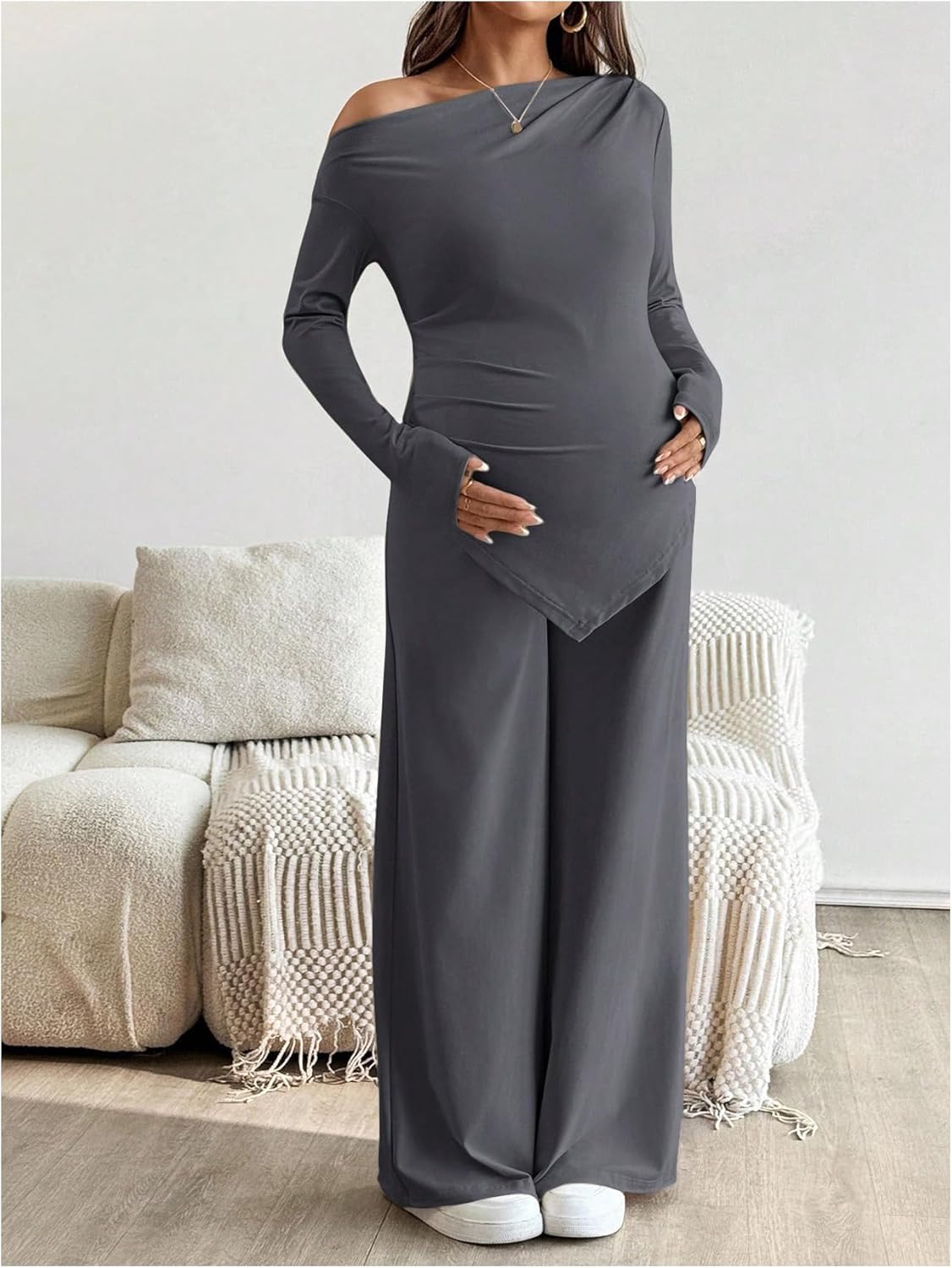 MakeMeChic Women's Maternity Clothes 2 Piece Spring Outfits Asymmetrical Top and Pants Matching Sets Grey Small