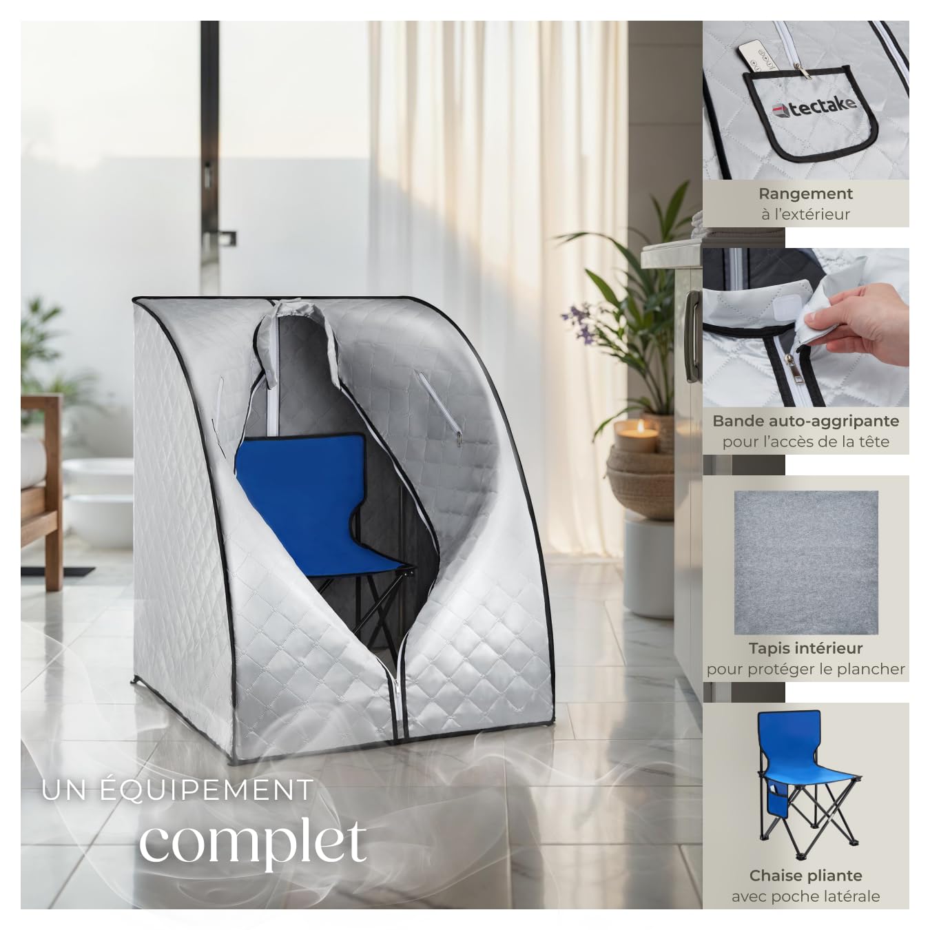 tectake® Sauna à Vapeur Pliable et Portable 90 x 78 x 100 cm, Sauna Portable 1000W 15 Températures et Minuterie, Appareil à Vapeur, Télécommande, Chaise Pliante, Tapis Protection, Sac de Transport