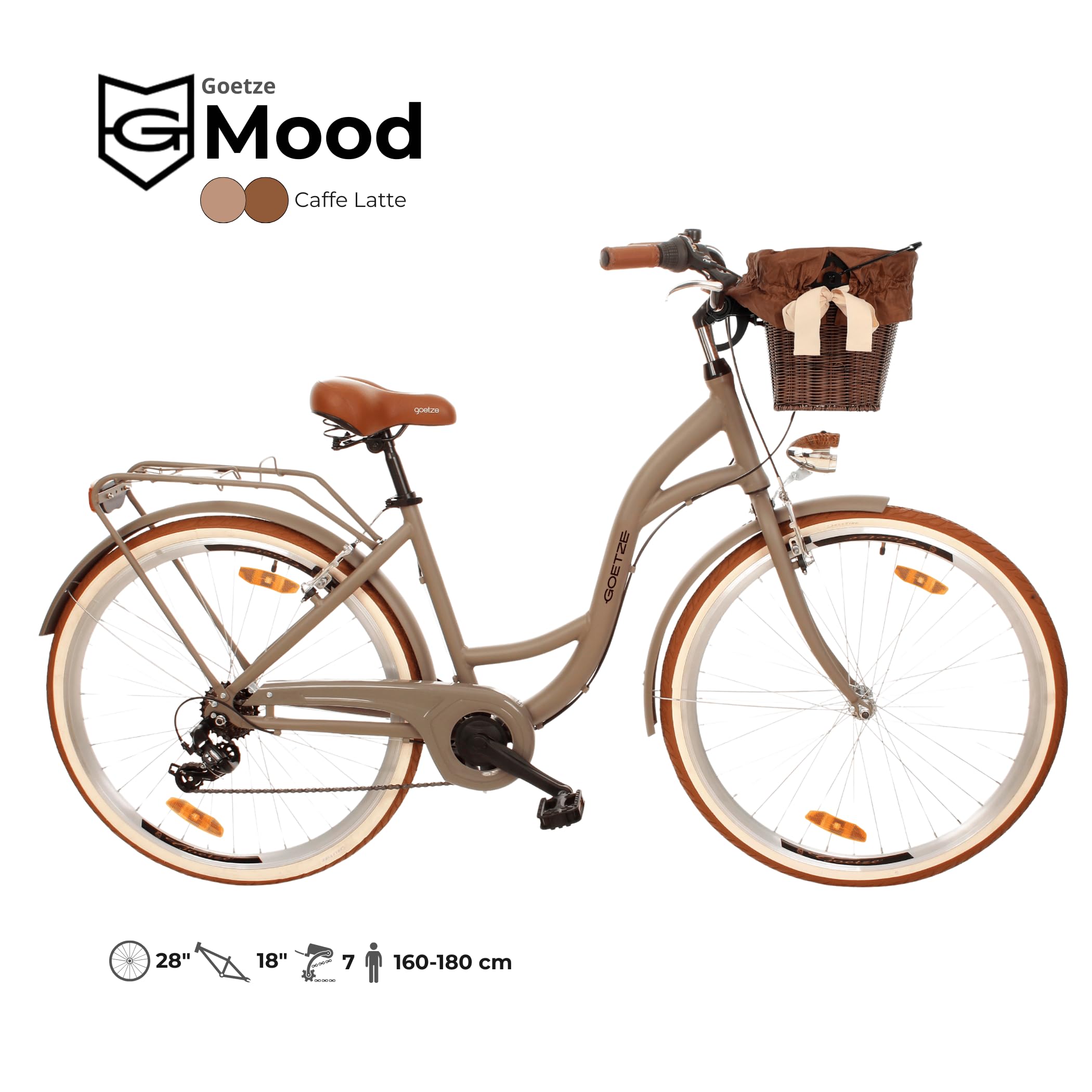 Goetze Mood 28 Zoll Damen Citybike, Aluminium Tiefeinsteiger 18 Zoll, Shimano Tourney 7-Gang Schaltung, LED-Beleuchtung, Rattankorb, Gepäckträger, Komfortsattel