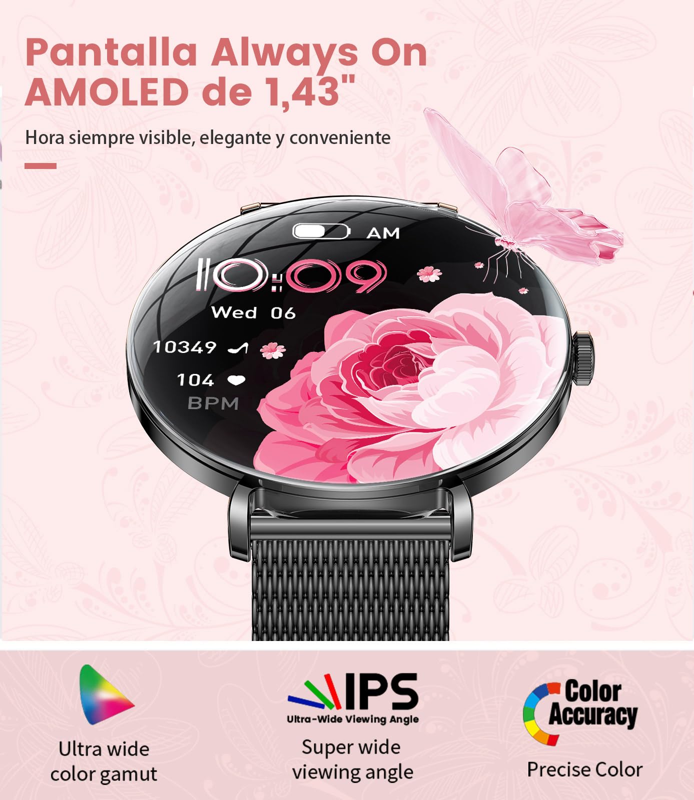 Reloj Inteligente Para Mujer, 1,43" HD AMOLED Smartwatch Con Android iOS, Llamada Bluetooth, Salud Femenina/100+ Modos Deportivos, 100+ Diales, Recordatorio De Mensaje, 5ATM Sellado, Memoria De 128 MB