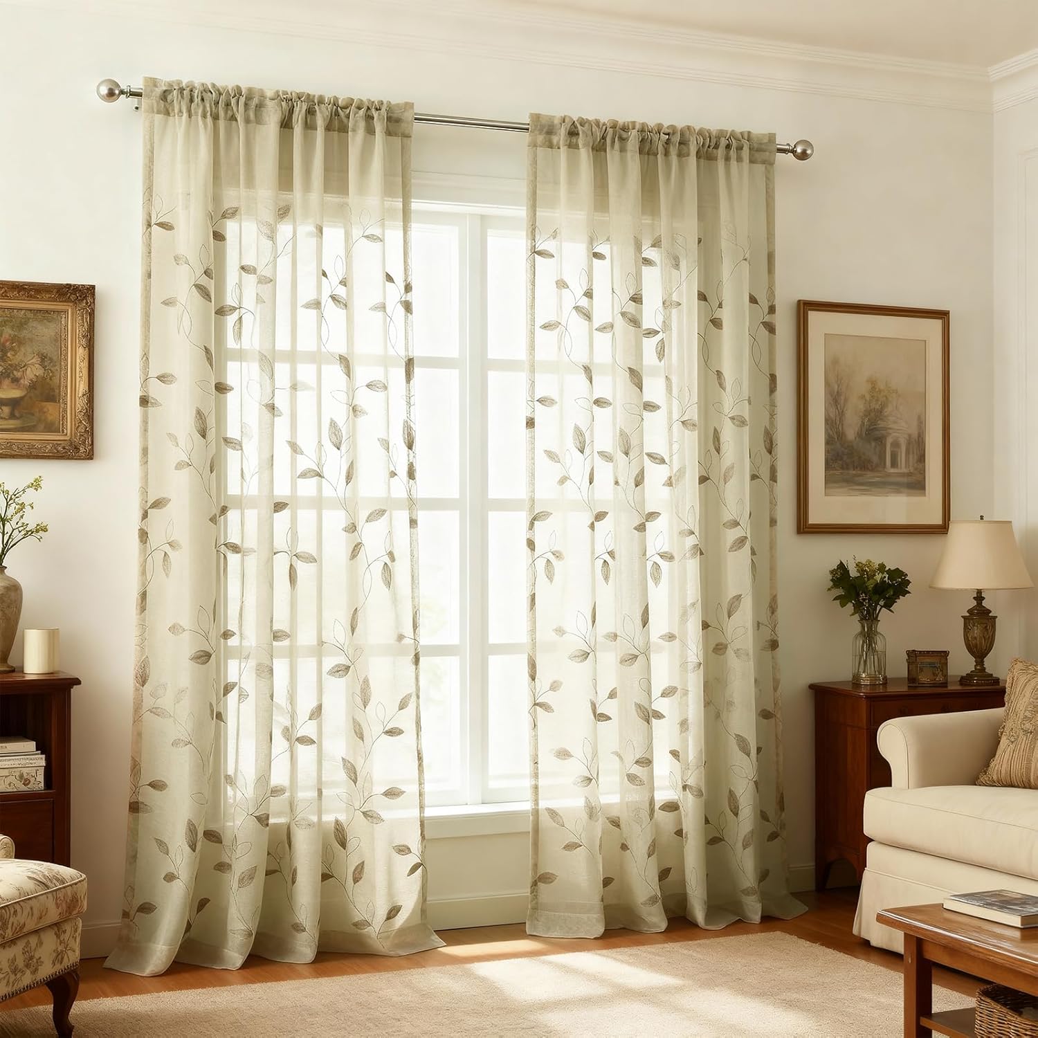 VOGOL Vintage Sheer Curtains 96 Inches Length, Leaf Embroidery Voile Drapes for Dining or Living Room, Light Filtering Window Treatments, 2 Panels, 52x96 Inches, Khaki Beige