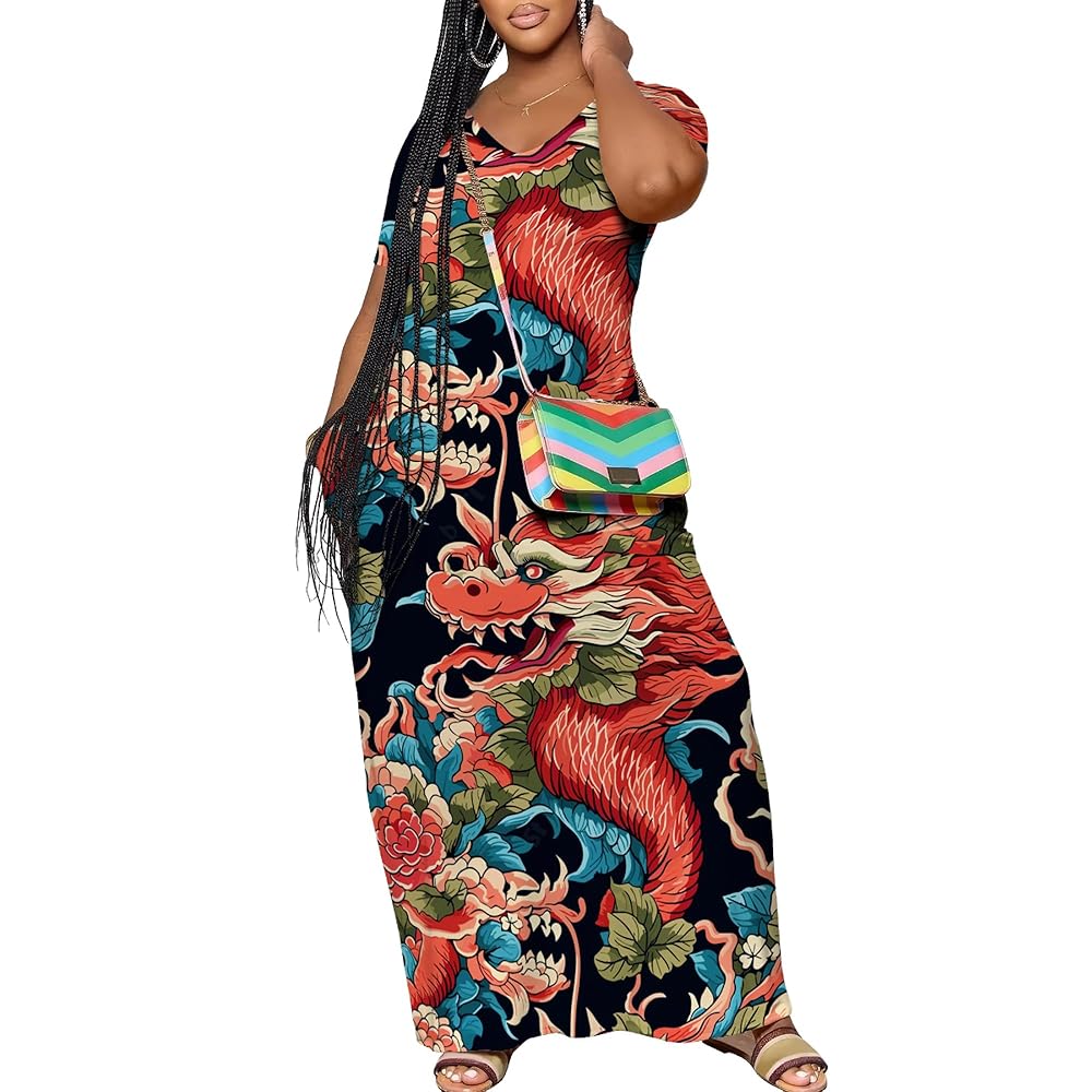 Ynaedita Women Japanese Art Dress Casual Chinese Dragon