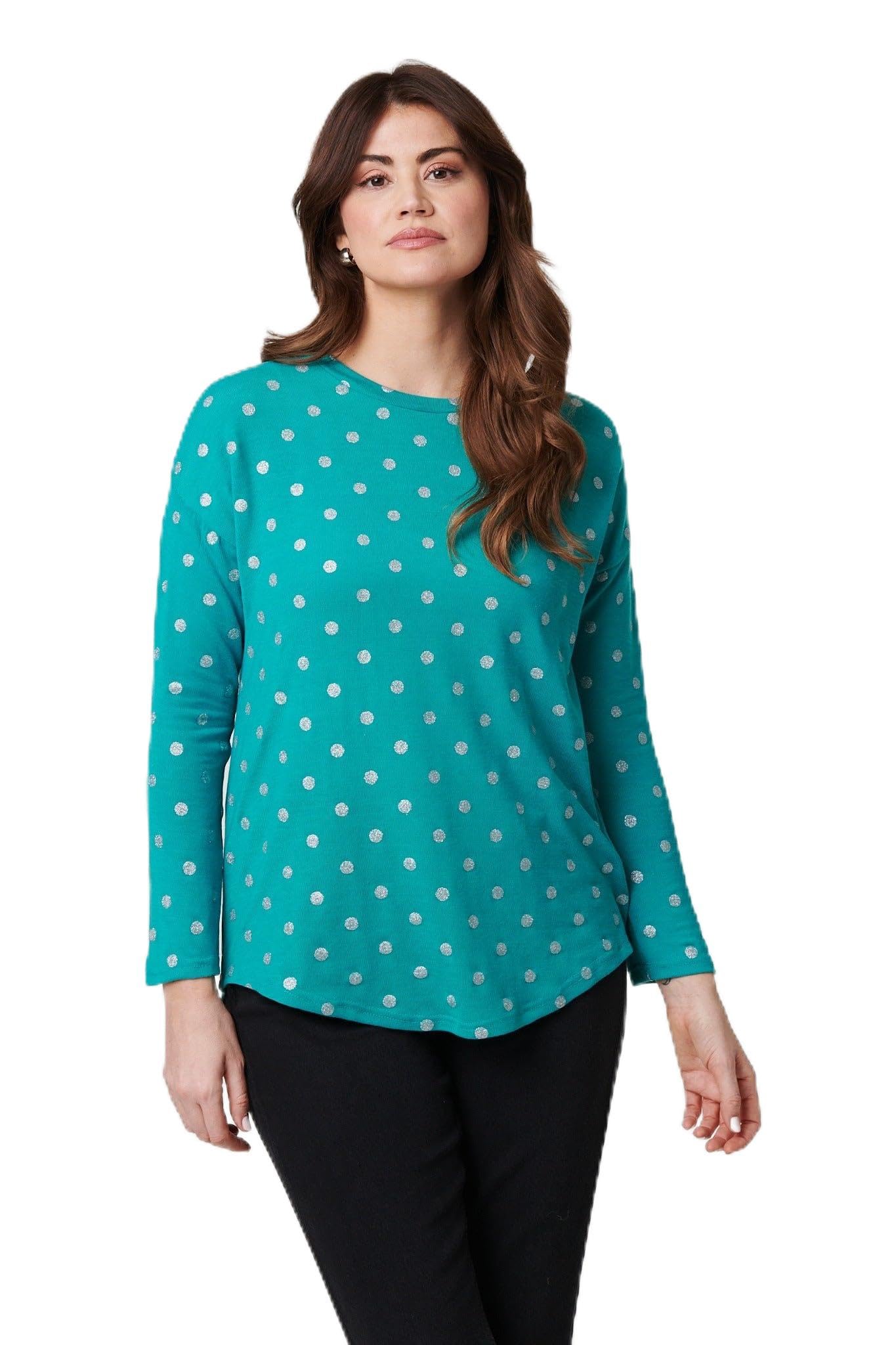 Izabel London Women's Green Polka Dot Print Relaxed Long Sleeve Top In | : Size 10