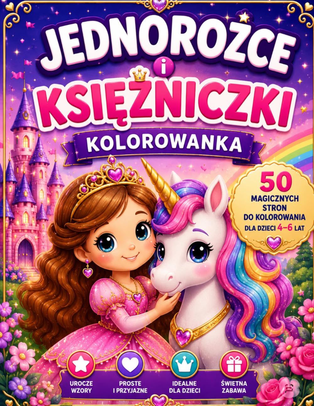 Jednorożce i Księżniczki Kolorowanka: 50 Magicznych Stron do Kolorowania dla Dzieci 4–6 Lat