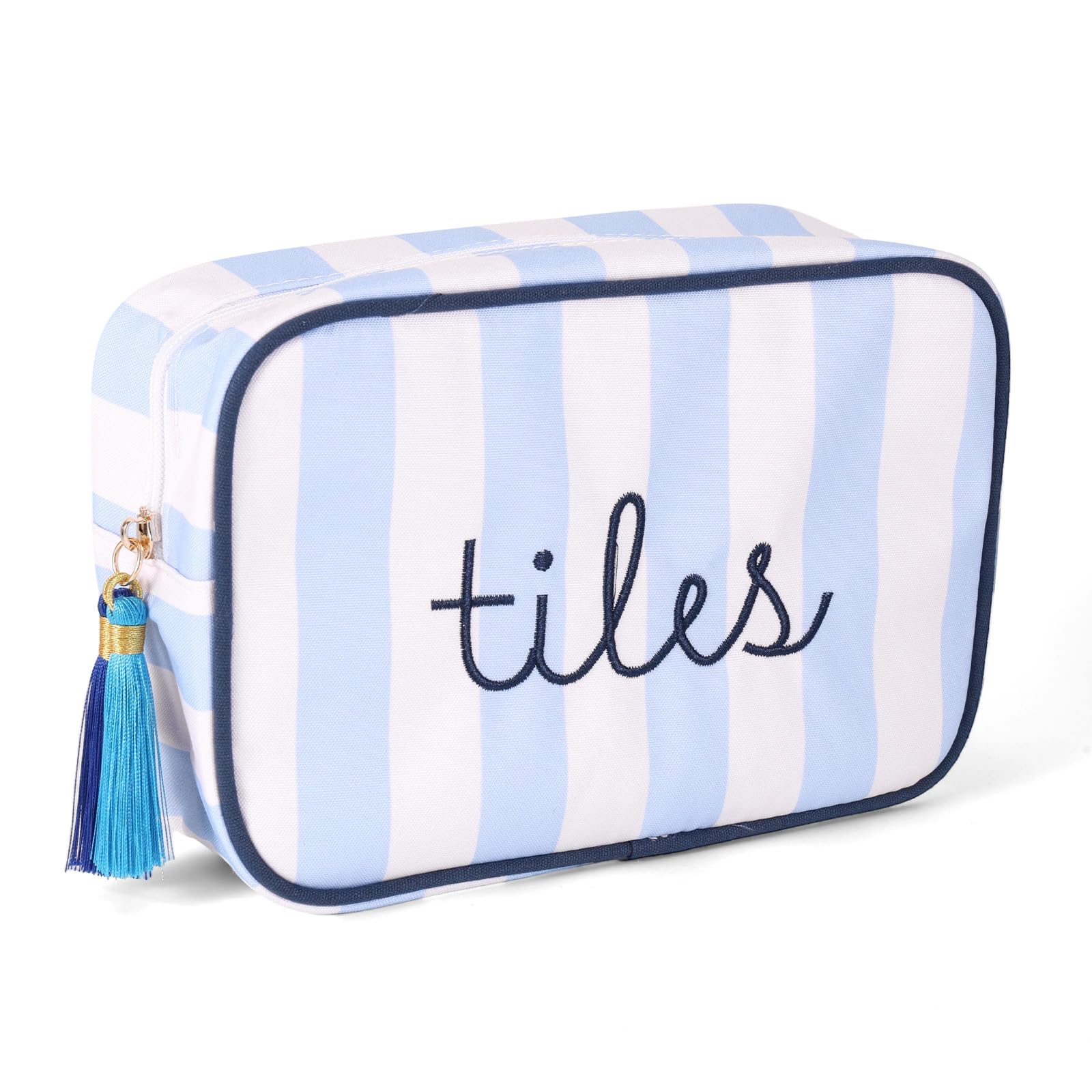 Mahjong Tile Storage Bag with Zipper, Blue and White Striped Embroidered Tile Carrying Pouch for 166 American Mah Jong Tiles Waterproof Polyester Organizer Holder Case for Board Game Travel Use