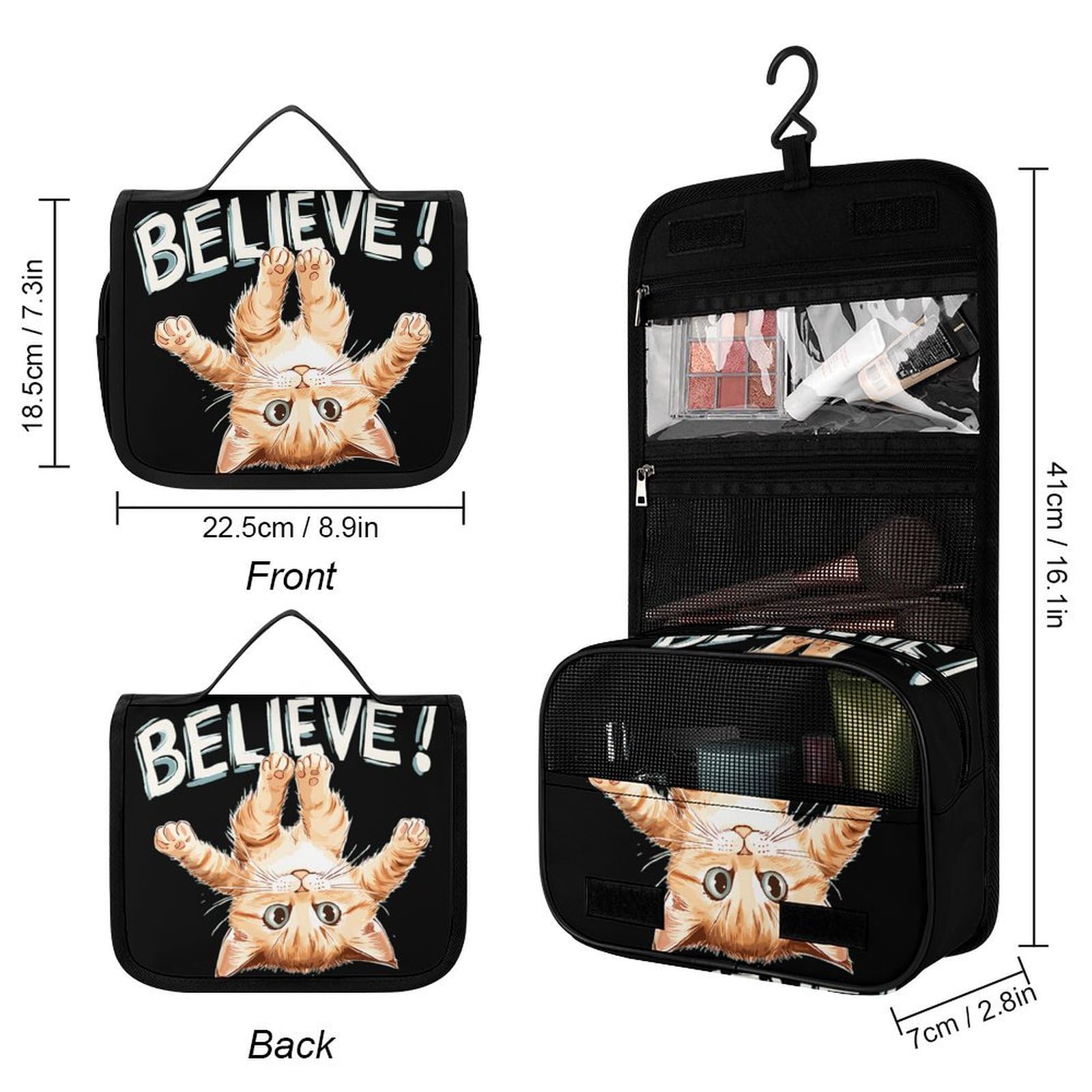 Cute Kitten Cat Believe Makeup Bag Portable Hanging Organizer for Travel Wash Bags With Handle And Divider