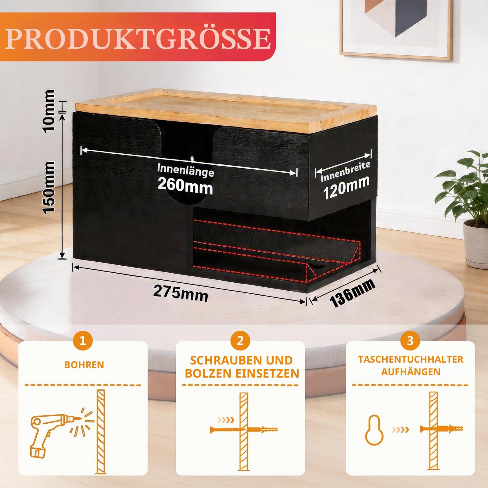 Handtuchspender für Papierhandtücher aus Bambus,27.5x16x13cm,Papierhandtuchspender Mit Wandmontage oder bei Tisch,Papierhandtuchhalter Mit Magnetdeckel,für C-,Z-,H2 Papierhandtüchern (Schwarz)