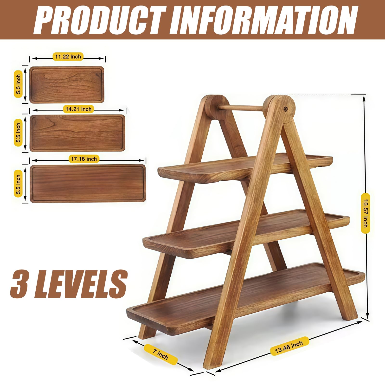 PORFOYO Soporte para cupcakes de madera, soporte para tartas de 3 niveles, soporte para postres, soporte para tartas de 3 niveles con asa, soporte de madera con platos para servir postres, accesorios