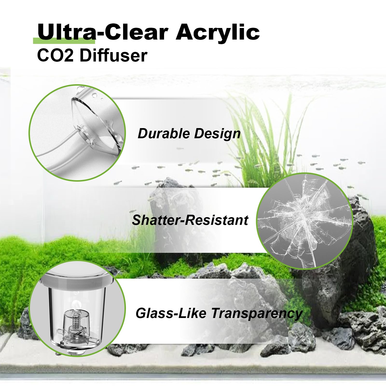 FZONE Acrylic Aquarium CO₂ Diffuser with Built-in Check Valve & Bubble Counter, Syringe & Suction Cup – Fine Bubble CO₂ Delivery for Planted Tanks (M-25mm) - 5