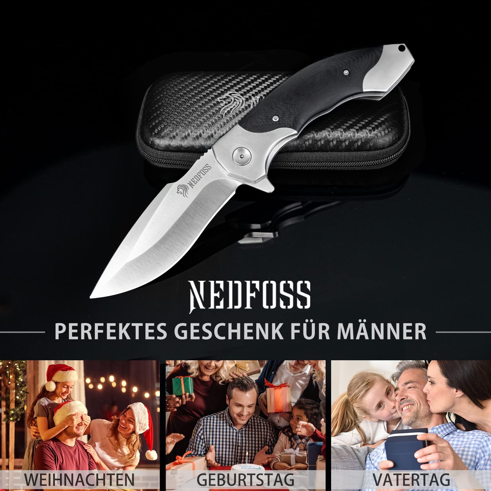 NedFoss Afilada navaja plegable, navaja de bolsillo con clip, cierre de forro seguro, Cuchillo de una mano de acero d2, adecuada para camping, Adecuado para camping, senderismo