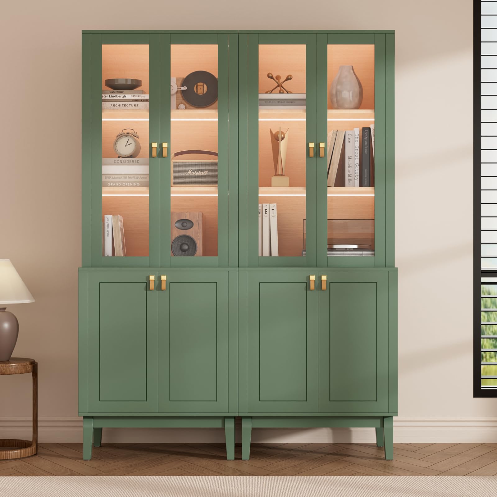 VOWNER Meuble TV Bibliotheque avec LED, 300 cm Grand Meuble Télé avec Portes en Verre pour TV jusqu'à 75 Pouces, Meuble TV Set, Buffet pour Salon, Cuisine, 300 x 180 x 40 cm (Vert, 5PCS)