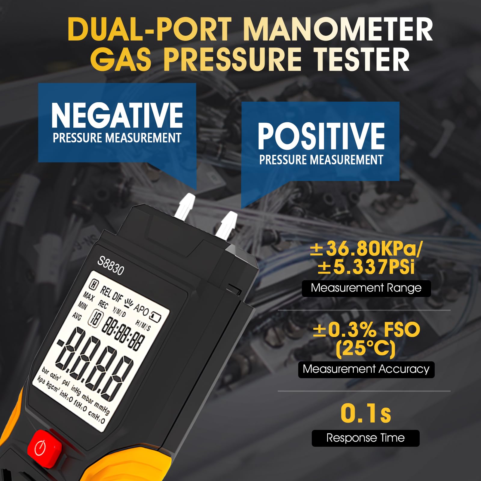Manometro digitale, misuratore di pressione differenziale con due porte ± 36,8 kPa, HVAC Handheld a 12 unità, retroilluminazione per condizionatori d'aria, condotti di ventilazione
