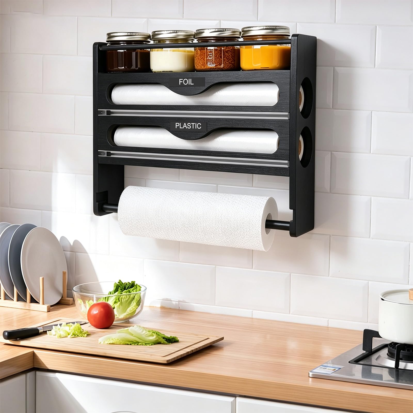Portarrollos de cocina de madera 4 en 1 con dispensador de láminas y cortador, montaje en pared, soporte extraíble para rollo de cocina, papel de aluminio, film transparente, estante integrado