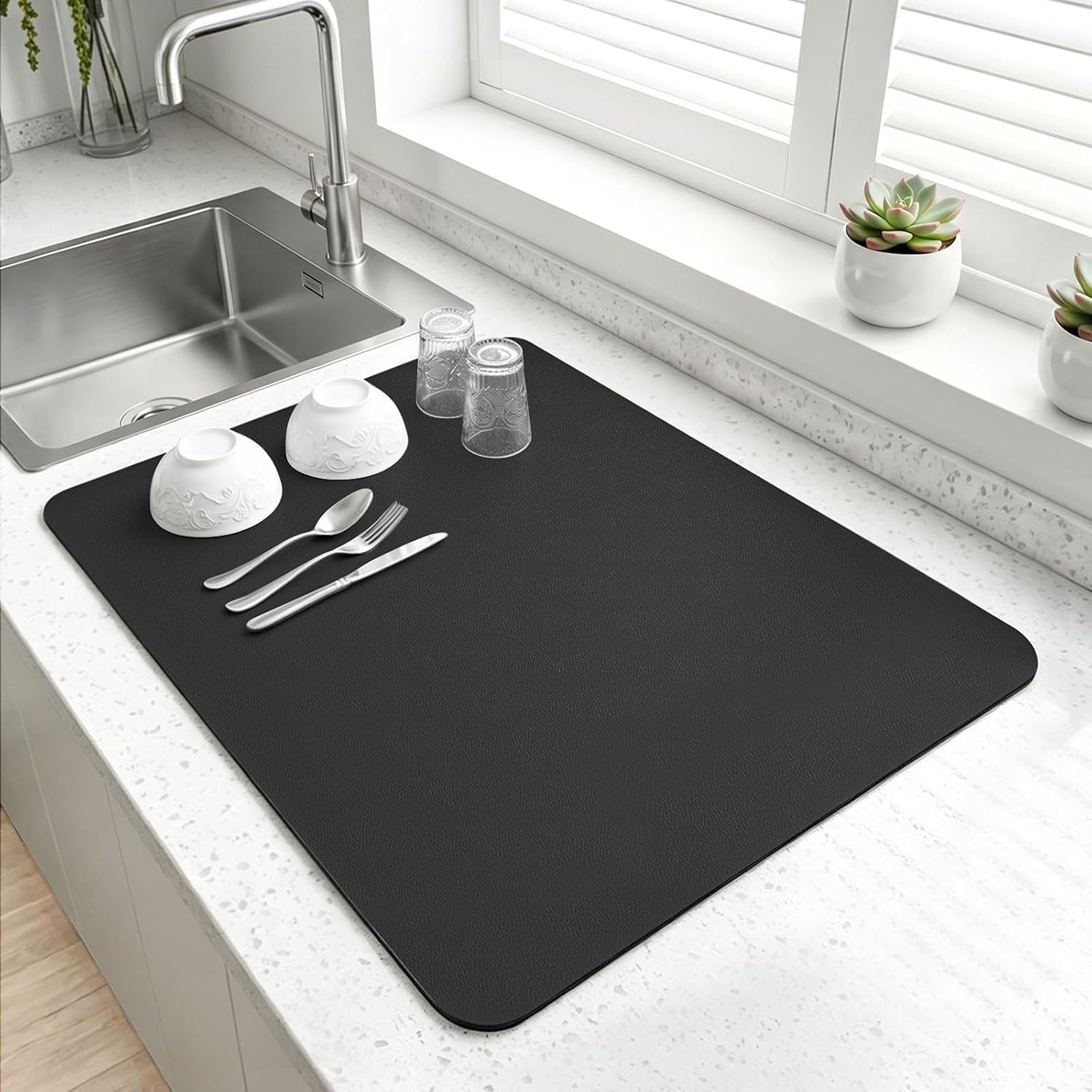 LOPNUR Small Dish Drying Mat for Kitchen Counter, 18"x16", Black