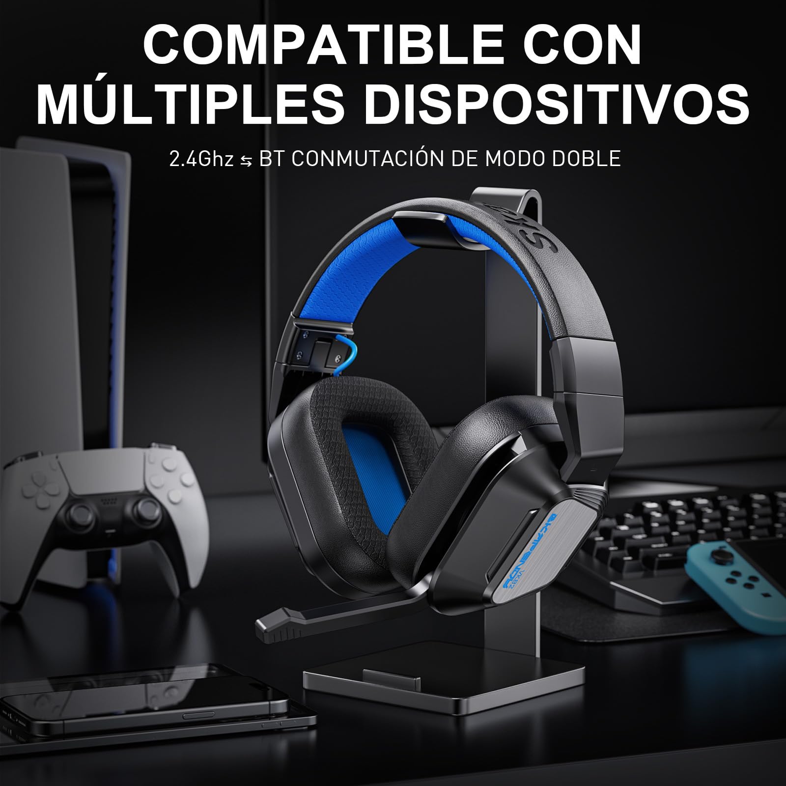 VK82 Cascos Gaming Inalambricos con Micrófono Reducción De Ruido, Cascos Wireless de 2.4G & Bluetooth 5.4, Auriculares Gaming con Luces LED para Ps5, Ps4, PC, Switch (Negro Azul)