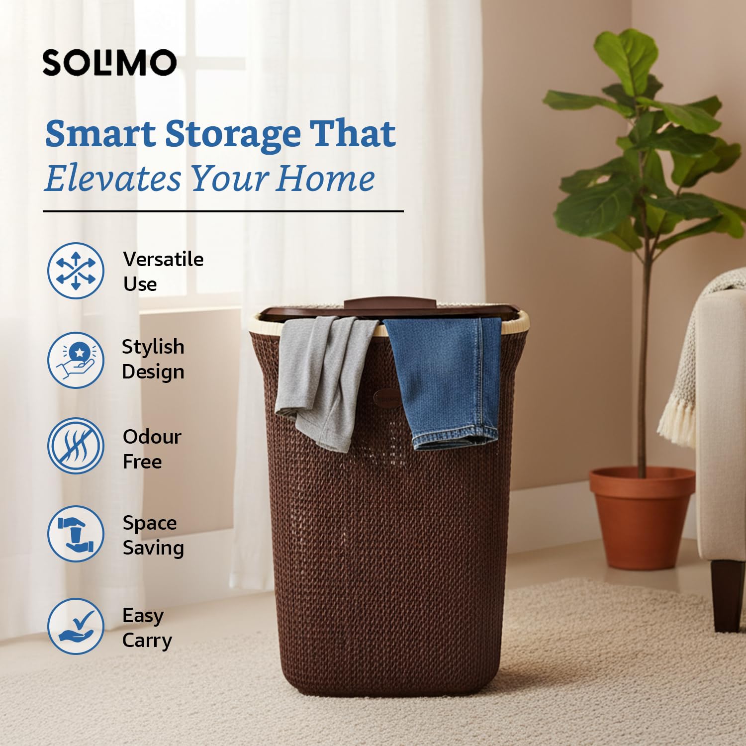 Amazon Brand - Solimo Knit Laundry Basket - Big - 55 Litres - 44 Cm X 35 Cm X 61 Cm | Dark Brown - Plastic 1