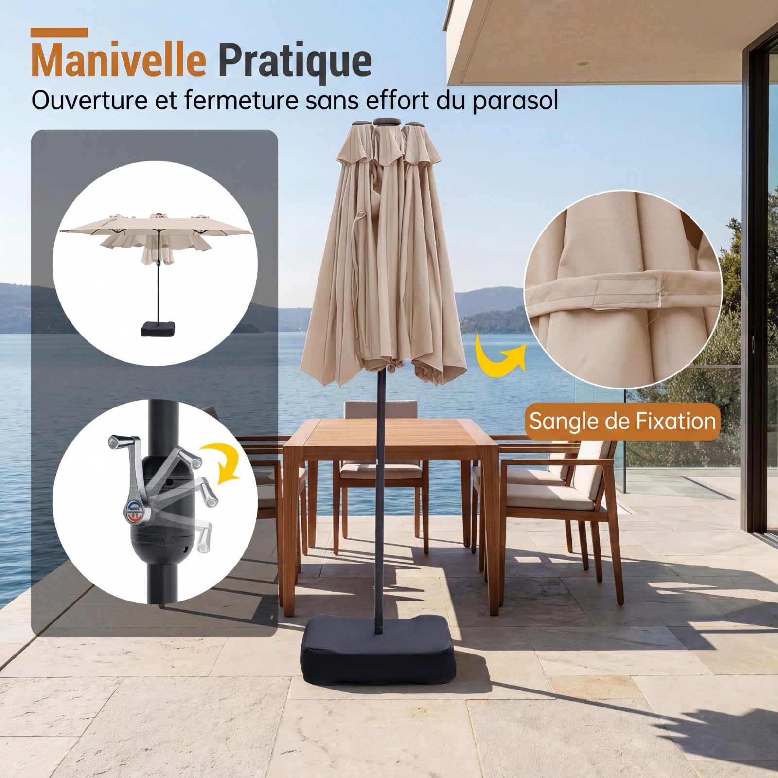 RELAX4LIFE Grand Parasol de Jardin Exterieur LED avec Pied, 4x2M Parasol Double Éclairé pour Terrasse/Piscine/Marché, 12 Baleines Renforcées, Manivelle, Protection Solaire pour 6-8 Personnes (Beige)