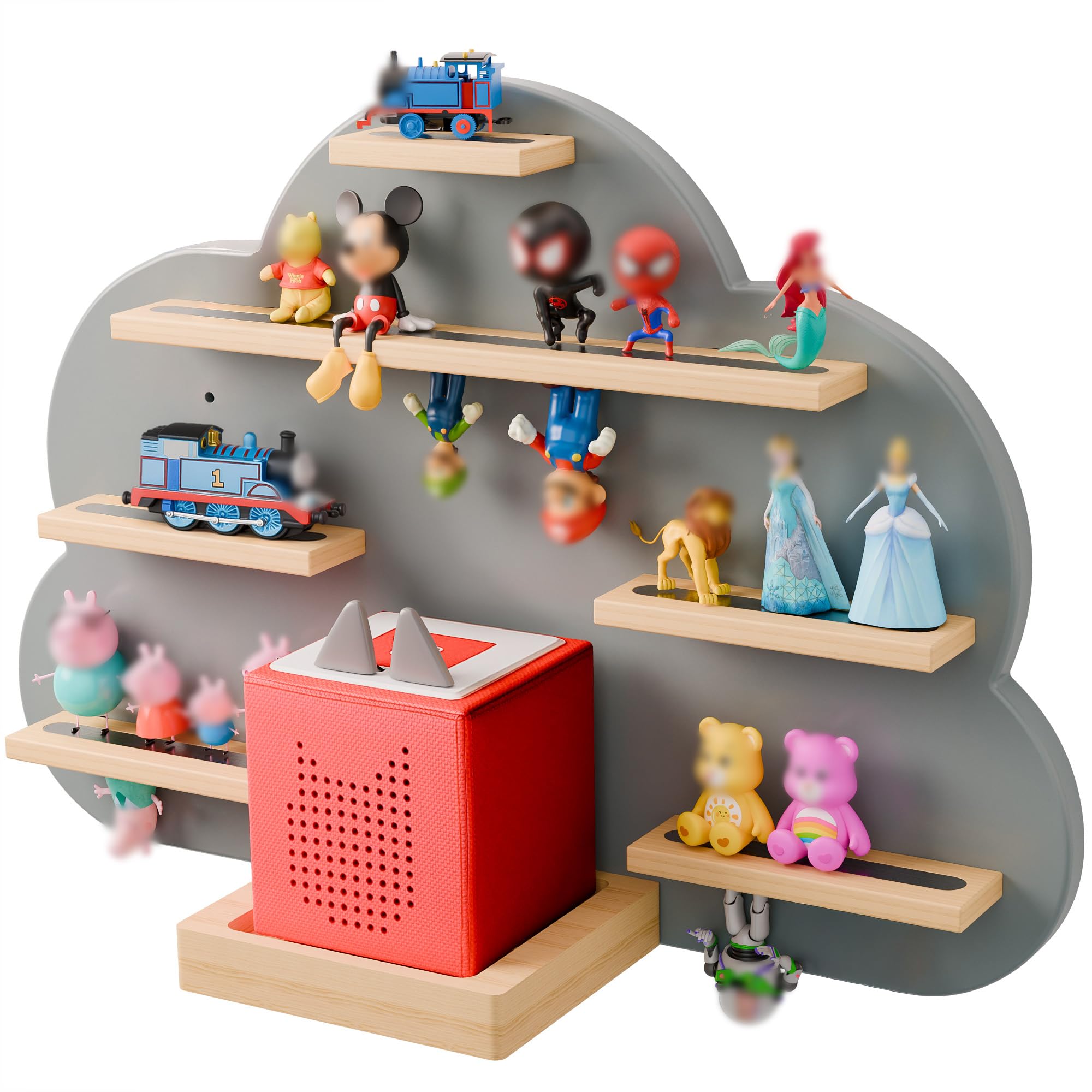 Cloud Tonies Regal für Toniebox-Aufbewahrung – einzigartige schwebende magnetische Wandregale für 20–30 Tonie-Figuren, Buchenholz-Display, Tonie-Regal für Kinder (Grau)