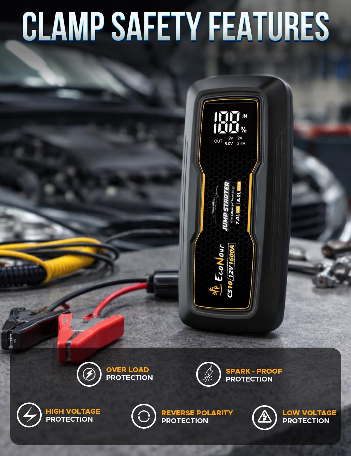 EcoNour Jump Starter | 1600A Peak | Portable Car Jump Starter | 12V Lithium Jump Box for 7L Gas and 5L Diesel Engines | Car Battery Jump Starter - LCD Display, Emergency Flashlight and Jumper Cables