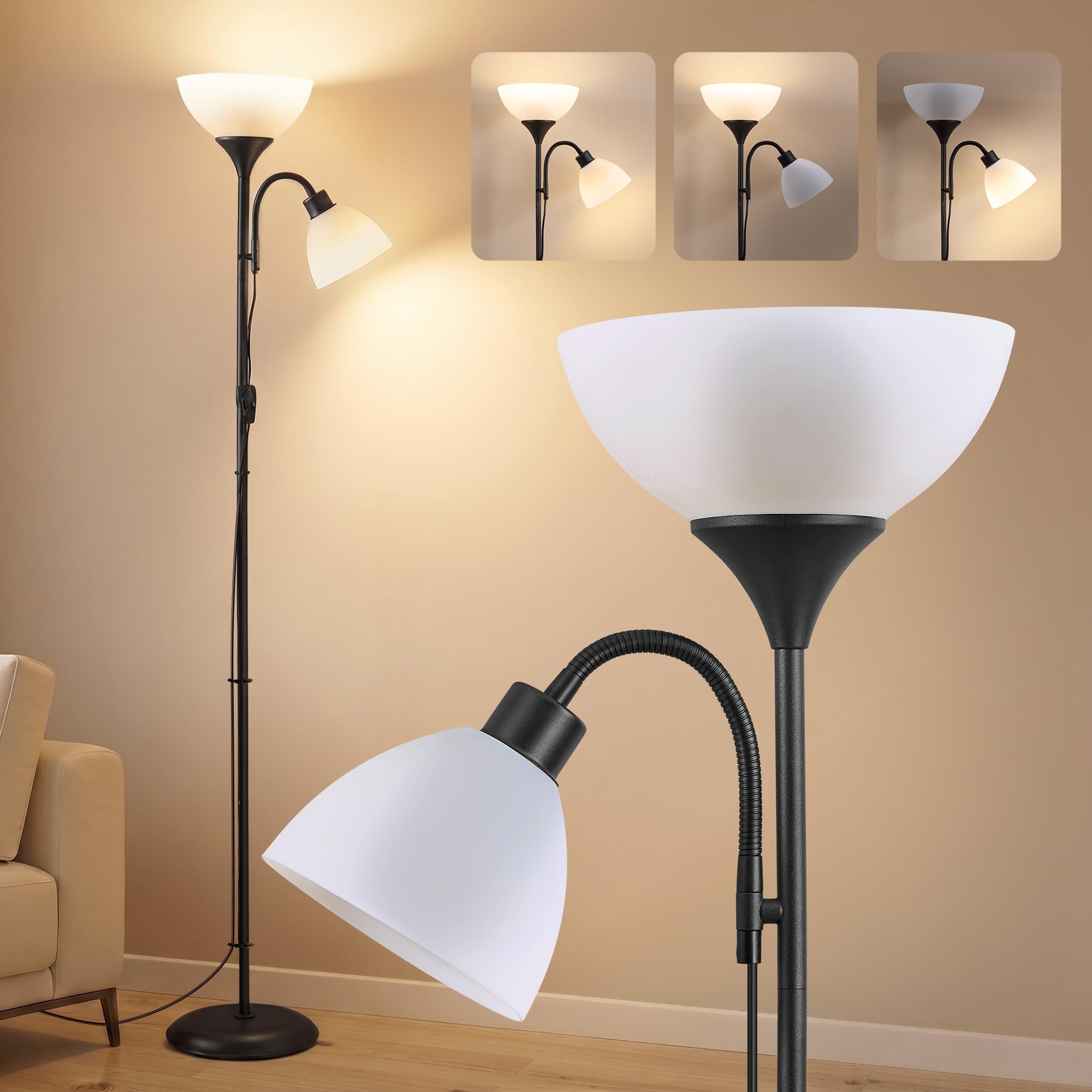 VASAGLE Deckenfluter mit Leselampe, Stehlampe 176 cm Standleuchte für E27 LED-Leuchtmittel geeignet mit verstellbarem Lesearm, Stehleuchte für Wohnzimmer, schlafzimmer, Büro, Mattschwarz, LFL019B102