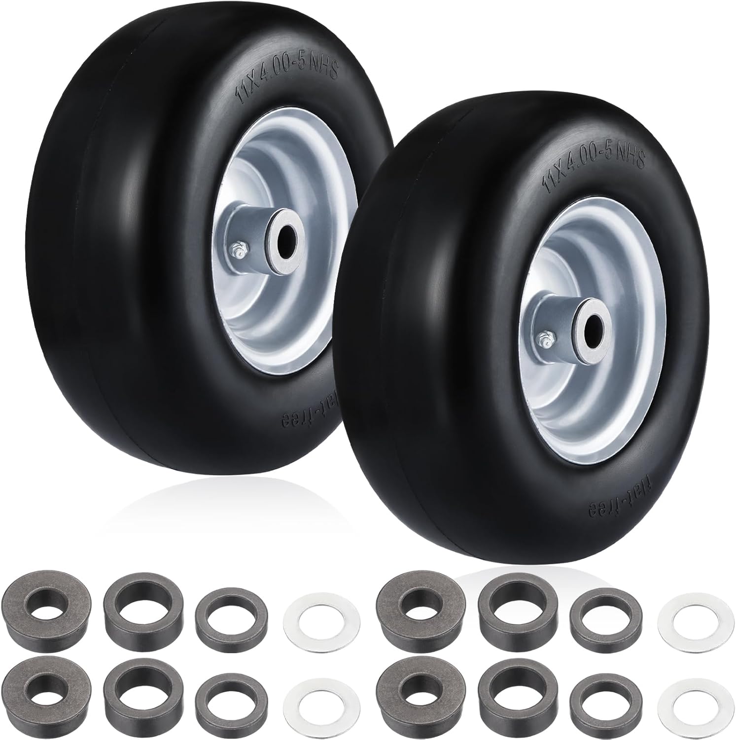 2 Pcs 11x4.00-5 Flat Free Solid Smooth Tread Tire on Wheel, 3.4-4''-4.5''-5 Centered Hub and 3/4 or 5/8 Bushing, Lawn Mower Tires for Zero Turn for Lawn, Garden Turf