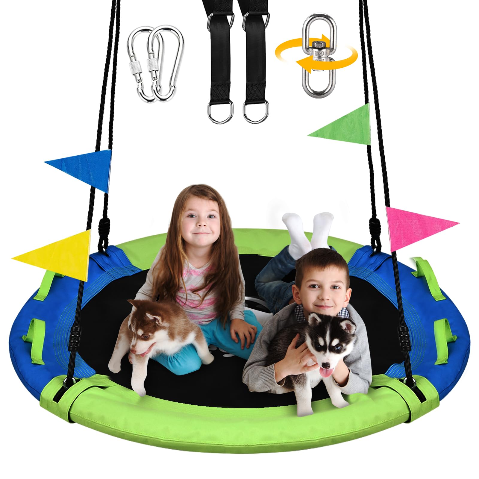HeyZoo 43 Inch Tree Swing, 900lbs Weight Capacity Saucer Swing Sets for Kids, Come with 360 Degree Swivel and Adjustable Hanging Strap, Green and Blue