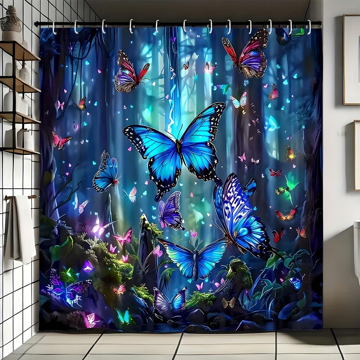 GLWDMB 1 Piece 180x180CM Dream Forest and Butterfly Printed Shower Curtain With Hook, Polyester, for Windows And Walls, Bathtub, Bathroom, Machine Washable, All Season Universal