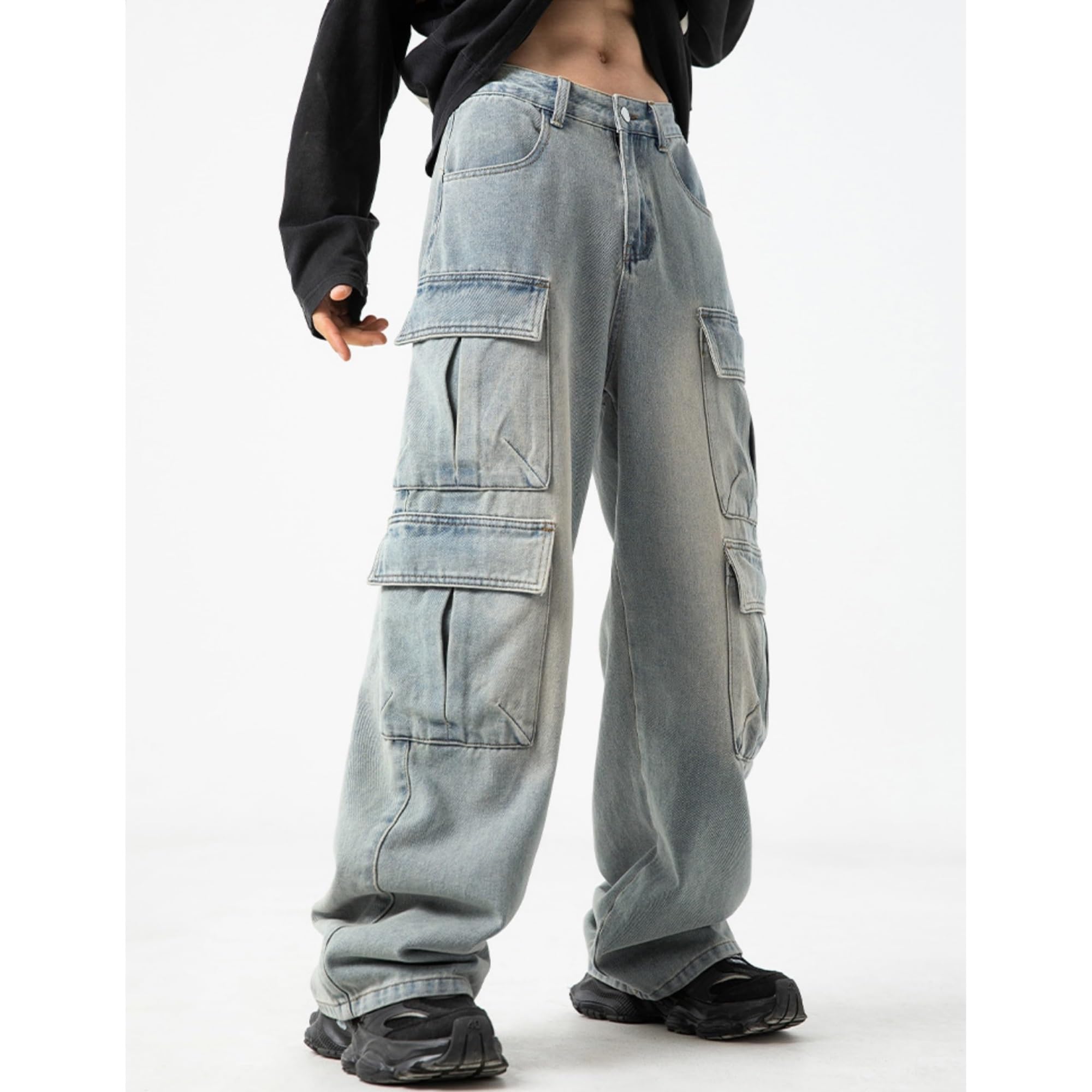 Męskie Baggy Cargo Jeansy Hip Hop Proste Nogawki Sprane Jeansy Casual Denim Spodnie Vintage Hip Hop Jeansy Młodzieżowe Spodnie Skateboardowe Streetwear