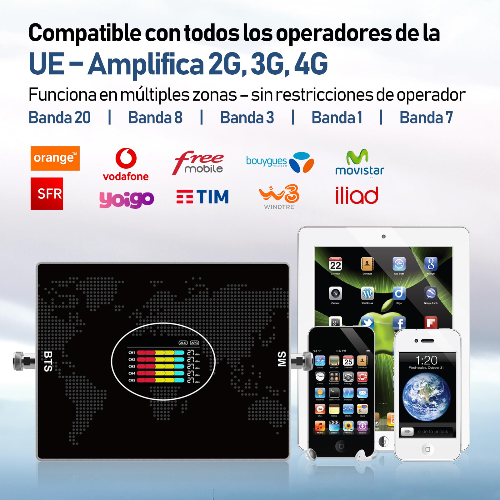 Amplificador Señal Movil 5 Bandas 20/8/3/1/7 - Amplificador de Cobertura Movil 4G 3G LTE gsm 70dB para Zonas Rurales y Oficinas Compatible con Movistar/Orange/Vodafone