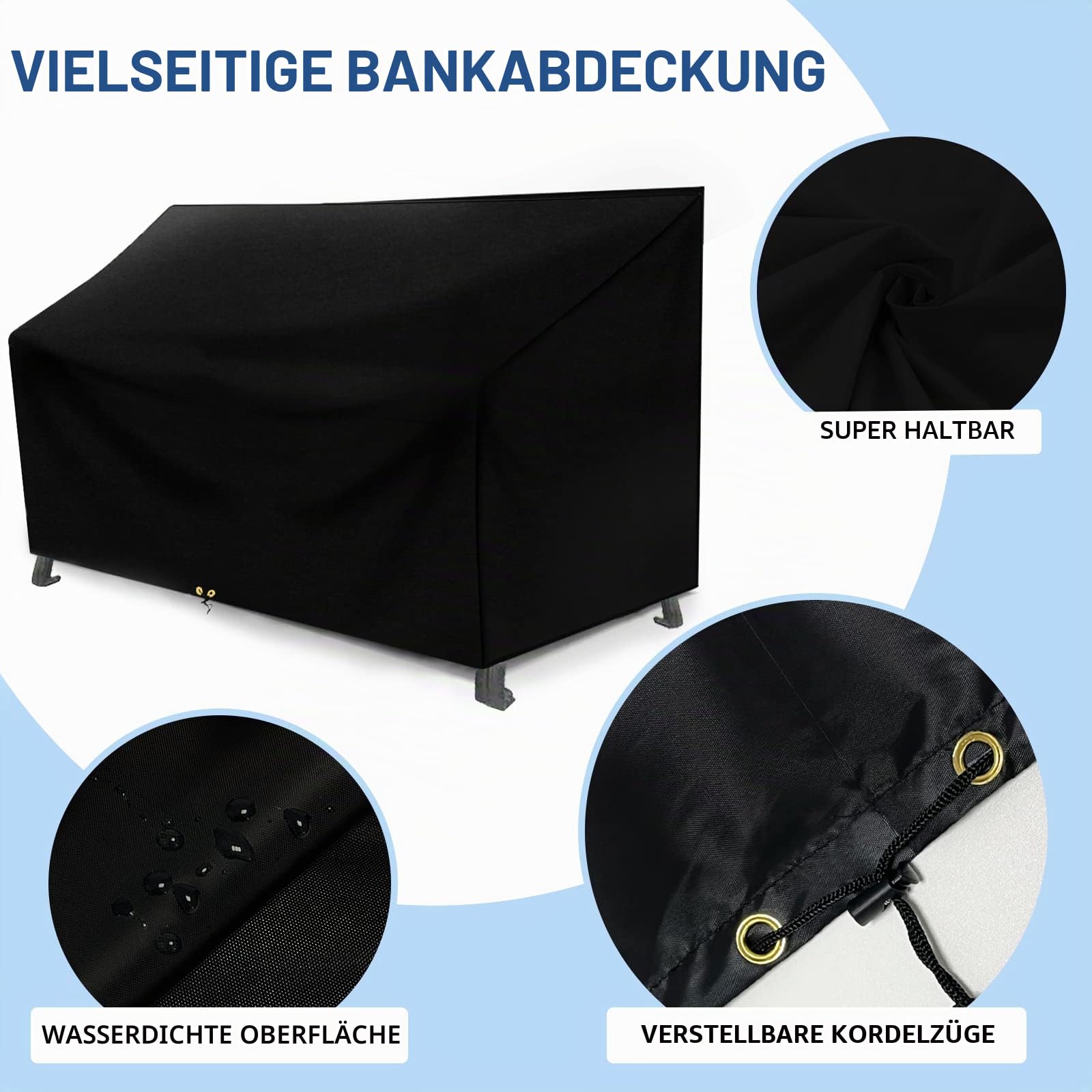 RICHIE 4-Sitzer Sofabezug, Gartenbank Schonbezug Wasserdicht Winddicht Anti-UV Reißfest, 420D Oxford Stoff Gartenbezug Outdoor Terrassenbank 193 x 66 x 63/89 cm, Schwarz