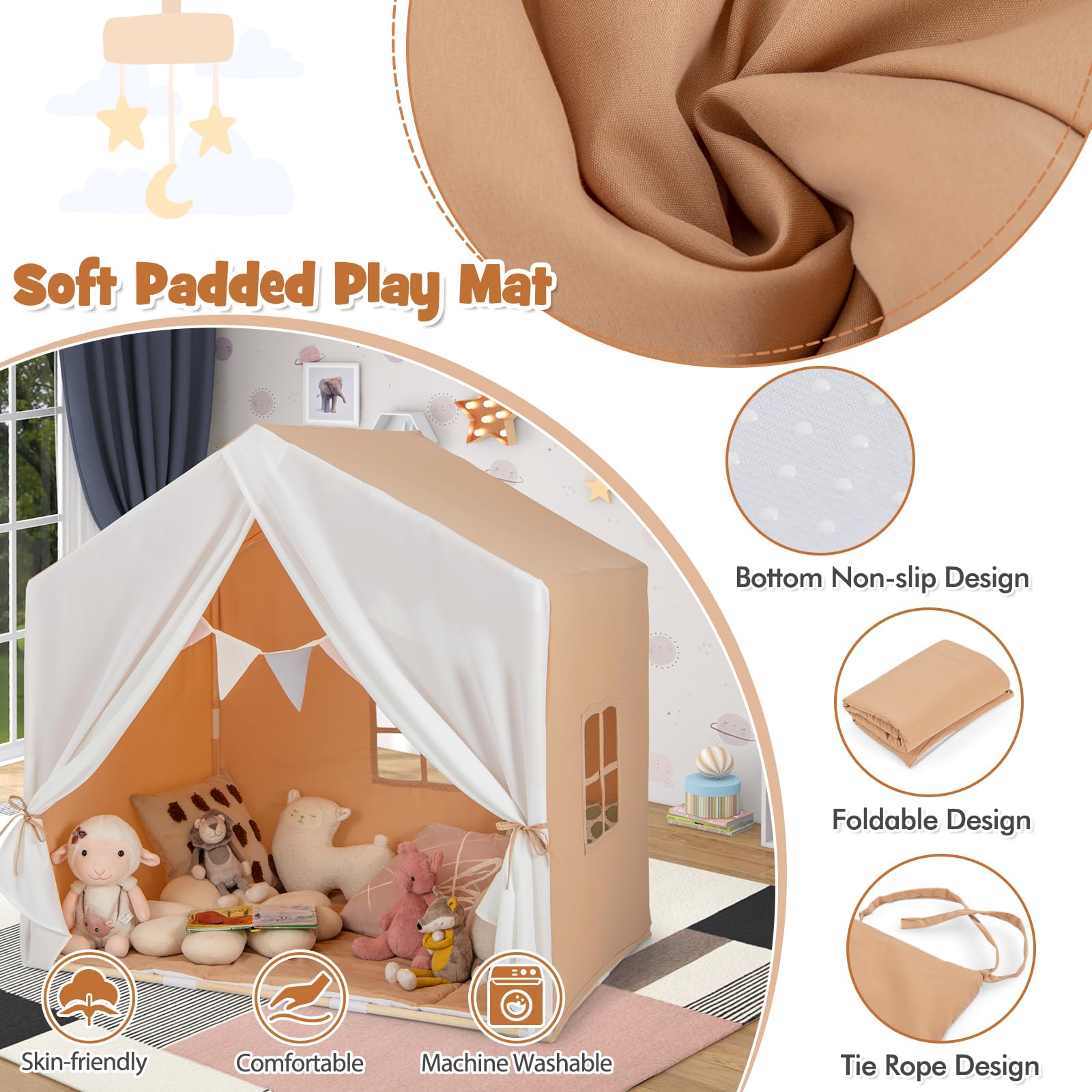 HOMASIS Tienda de campaña Infantil de Interior, Tienda de Juego con colchoneta y Cortina y Banderas, casita de Juego de Estructura de Madera para niños de 3+ años, 131 x 91 x 131 cm (Marrón)