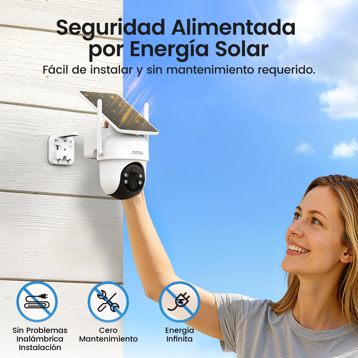 aosu 2K Camara de Vigilancia Solar Exterior, Kit de 4 Cámaras con aosuBase | 360° Pan y Tilt Seguimiento Automático, Audio Bidireccional, Visión Nocturna en Color, 32 GB de Almacenamiento Local