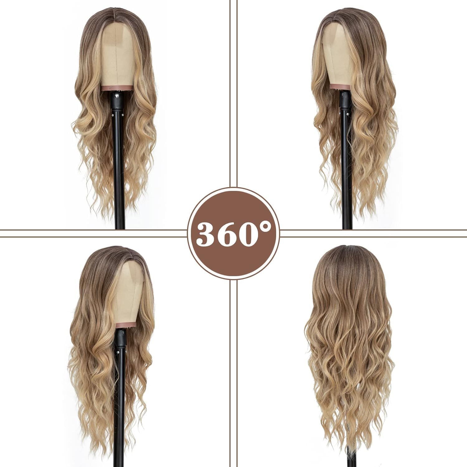 PORSMEER Long Ombre Blonde Wavy Wig - Women's Lace Middle Part Curly Wig, Natural Looking Synthetic Heat Resistant 26 Inch - Image 4