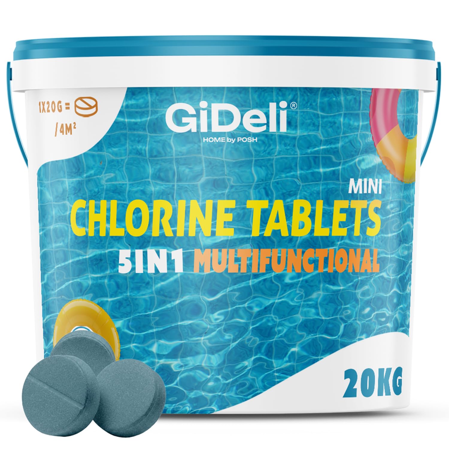GiDeli Mini Galets de Chlore Piscine Multifonction 20kg - Tablettes Longue Durée 4-en-1 - Anti-Algues, Stabilisé UV, Floculation - Petites Piscines Hors-Sol, Tubulaires et Gonflables